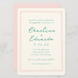 Invitación Boda retro rosado y verde de escritura a mano