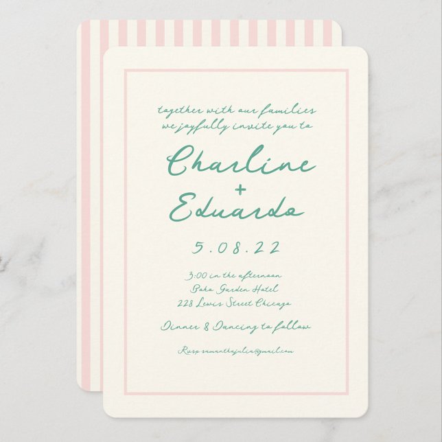 Invitación Boda retro rosado y verde de escritura a mano (Subido por el creador)