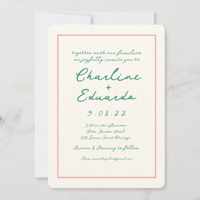 Invitación Boda retro rosado y verde de escritura a mano (Anverso)