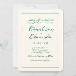 Invitación Boda retro rosado y verde de escritura a mano