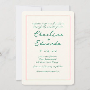 Invitación Boda retro rosado y verde de escritura a mano