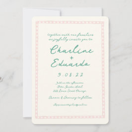 Invitación Boda retro rosado y verde de escritura a mano