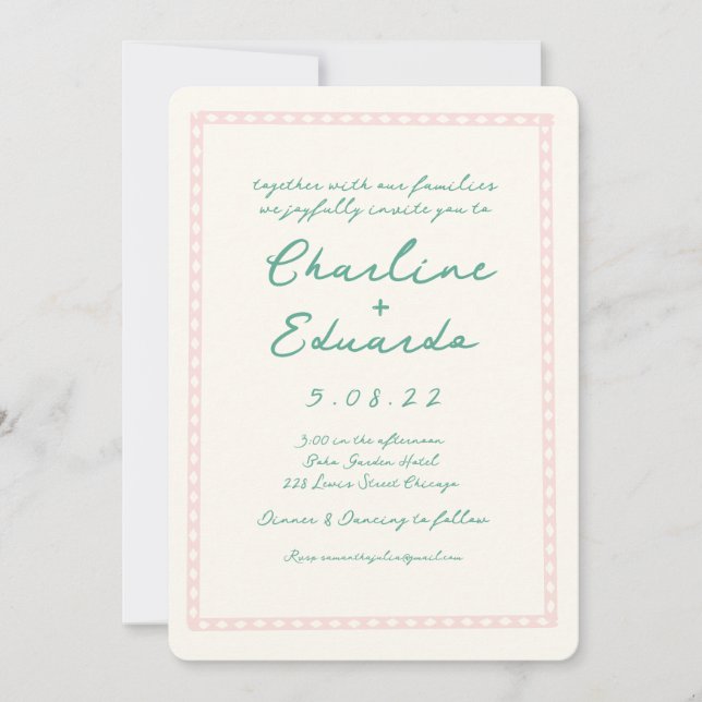 Invitación Boda retro rosado y verde de escritura a mano (Anverso)