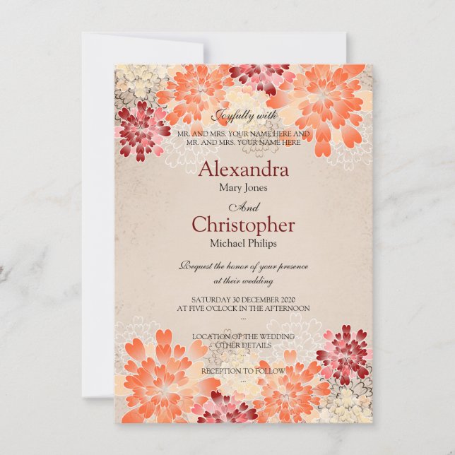 Invitación Boda retro S3 de flores rojas y crema Naranjas (Anverso)