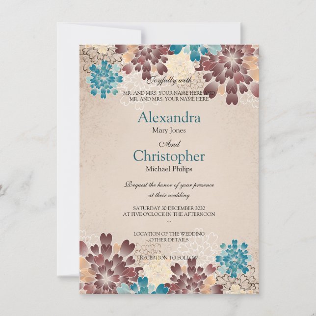 Invitación Boda retro S3 de flores verdes, marrones y Verde a (Anverso)