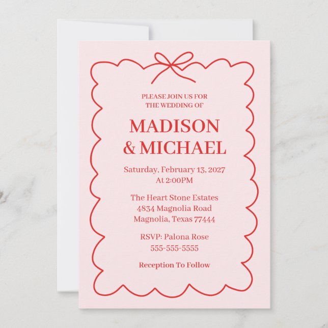 Invitación Boda Retro San Valentín Rojo Rosa (Anverso)