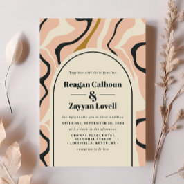Invitación Boda Retro Swirl Arch Pink Black Gold Cream