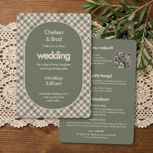 Invitación Boda Retro Todo en Uno de Cuadros Verde Salvia