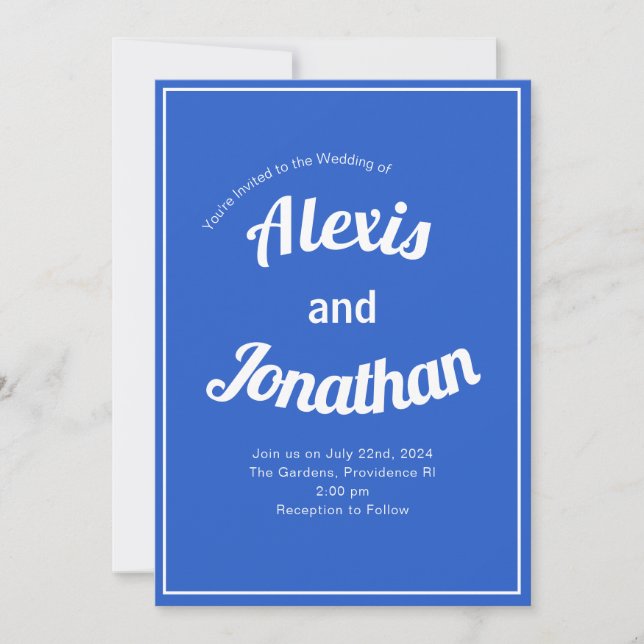 Invitación Boda retro trendy y lúdico francés azul blanco (Anverso)