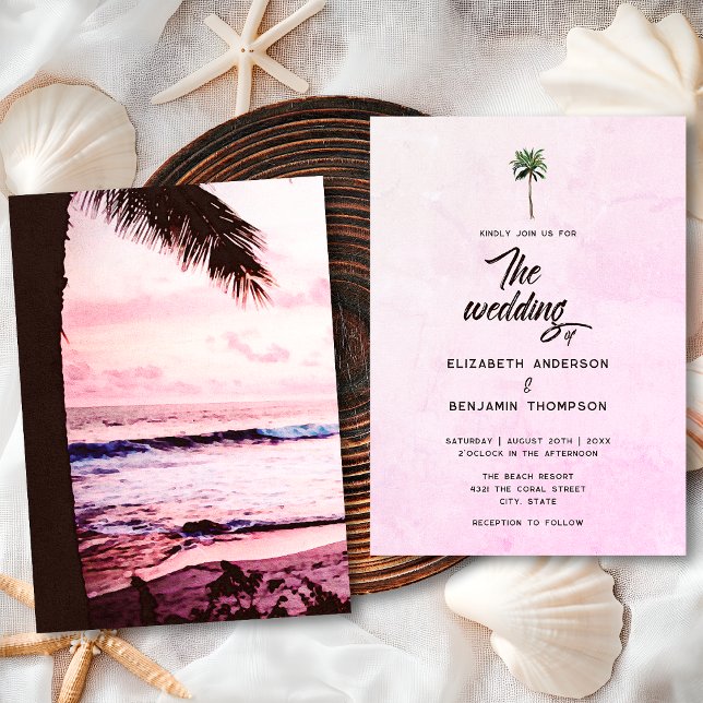 Invitación Boda Retro Tropical Rosa Palm Tree Beach Sunset (Subido por el creador)