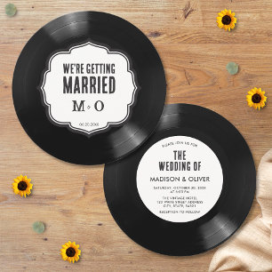 Invitación Boda Retro Única en Vinilo Negro y Blanco
