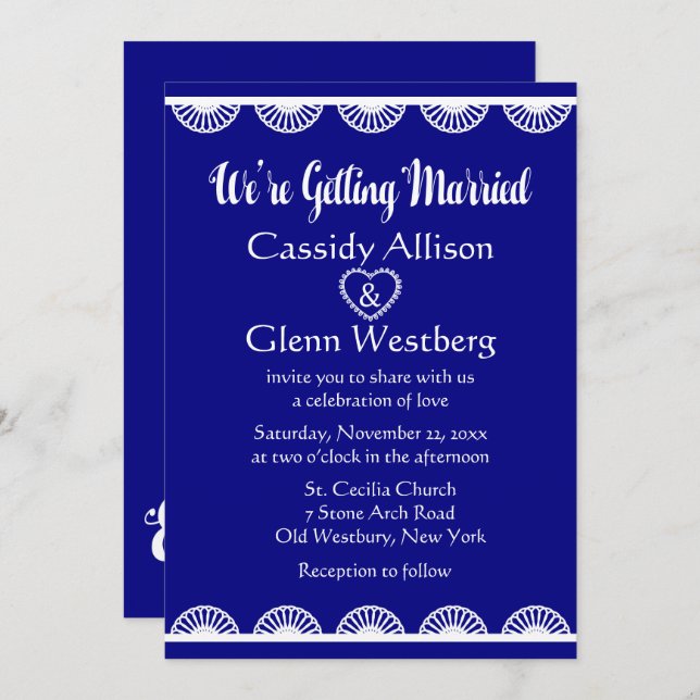 Invitación Boda retro vintage Royal Blue & White (Anverso / Reverso)