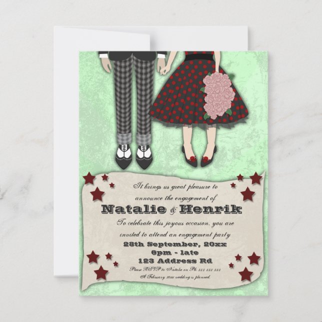 Invitación Boda Rockabilly, compromiso 4.25x5.5 (Anverso)