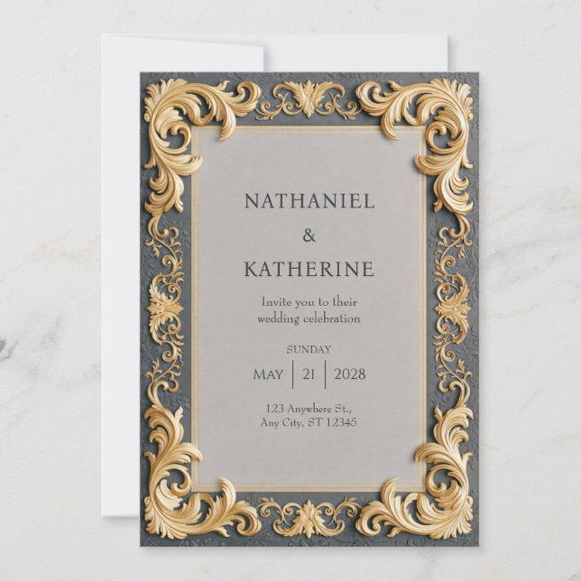 Invitación Boda Rococó Marfil Dorado (Anverso)