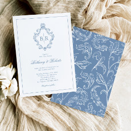Invitación Boda Rococó Vintage Monograma Azul