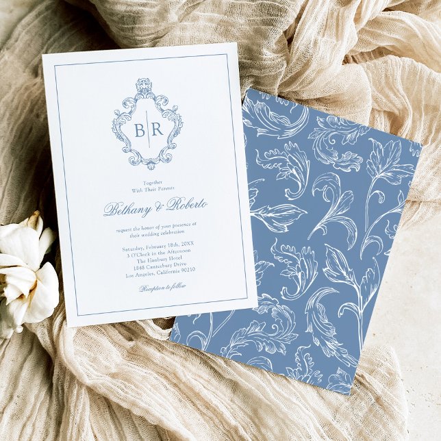 Invitación Boda Rococó Vintage Monograma Azul (Subido por el creador)