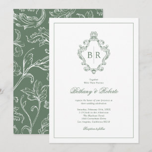 Invitación Boda Rococó Vintage Monograma Verde Salvia