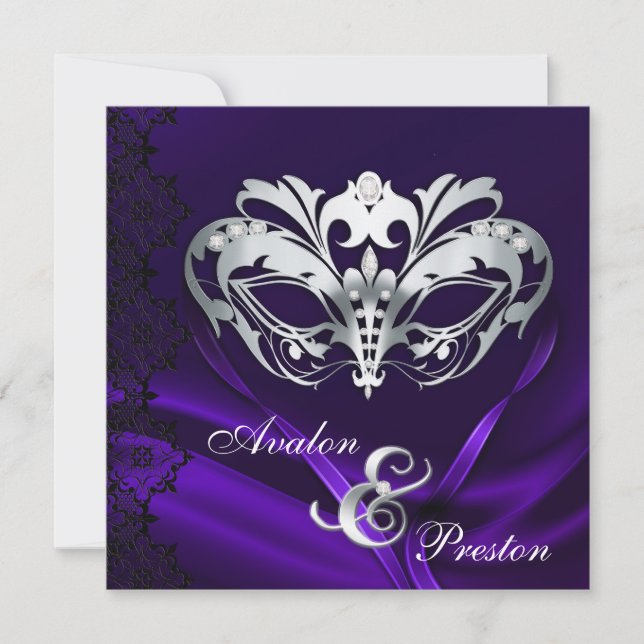 Invitación Boda rodado morado de máscaras plateadas (Anverso)