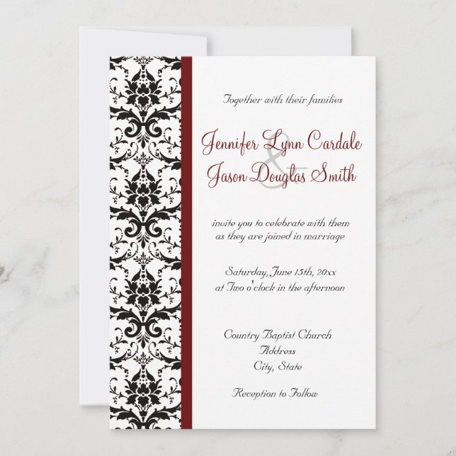 Invitación Boda roja blanca de la raya del negro del damasco (Anverso)