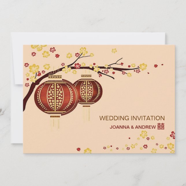 Invitación Boda roja de oro del chino del cerezo XI de las (Anverso)