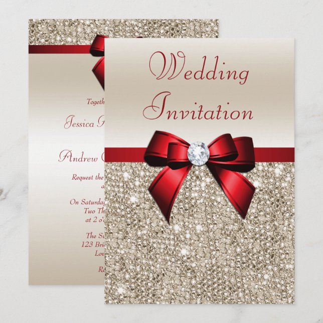 Invitación Boda roja del arco de las falsas lentejuelas de (Anverso / Reverso)