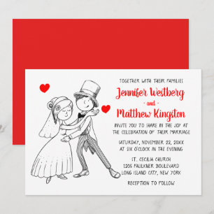 Invitación Boda Roja Dibujo Animado Novia Novio Vintage Moder