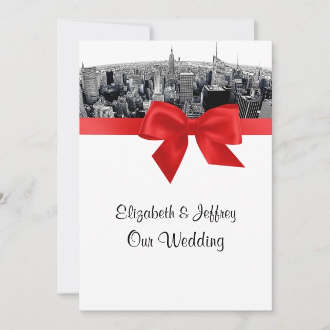 Invitación Boda Roja NYC Grabado Fisheye Silueta BW (Anverso)