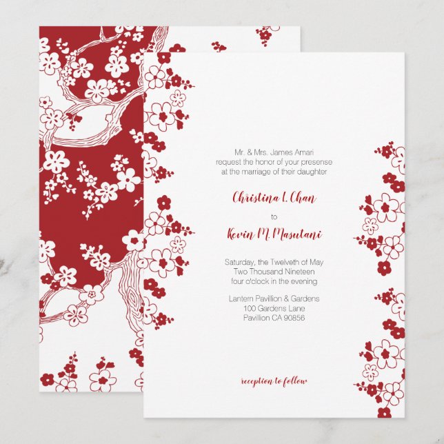 Invitación Boda roja y blanca moderna de la flor de cerezo (Anverso / Reverso)