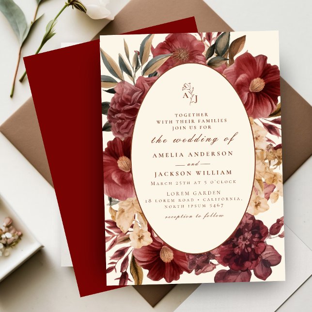 Invitación Boda rojizo romántico de borgoña y cobre (Subido por el creador)