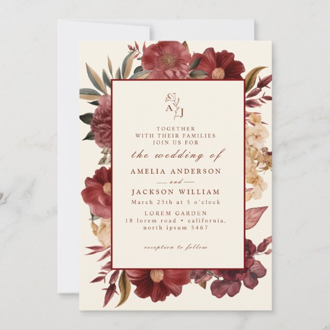 Invitación Boda rojizo romántico de borgoña y cobre (Anverso)