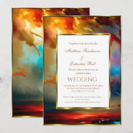 Invitación Boda rojo azul turquesa dorado Moderno Elegante