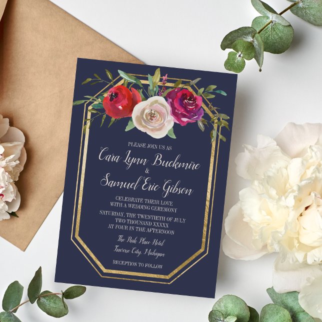 Invitación Boda Rojo Borgoña Azul de la Marina Floral Radiant (Subido por el creador)