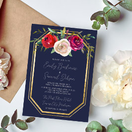 Invitación Boda Rojo Borgoña Azul de la Marina Floral Radiant
