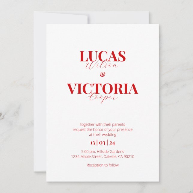Invitación Boda rojo brillante moderno (Anverso)