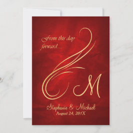 Invitación Boda Rojo Brillante Monograma Dorado