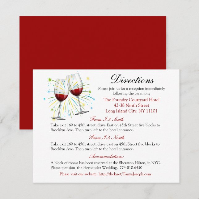 Invitación Boda rojo burgundy Direcciones Vinos Gafas (Anverso / Reverso)