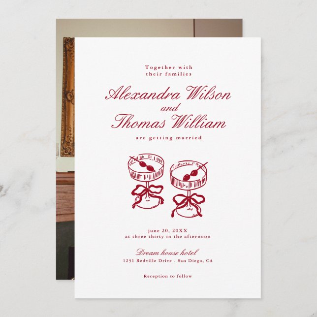 Invitación Boda rojo caligrafía moderna (Anverso / Reverso)