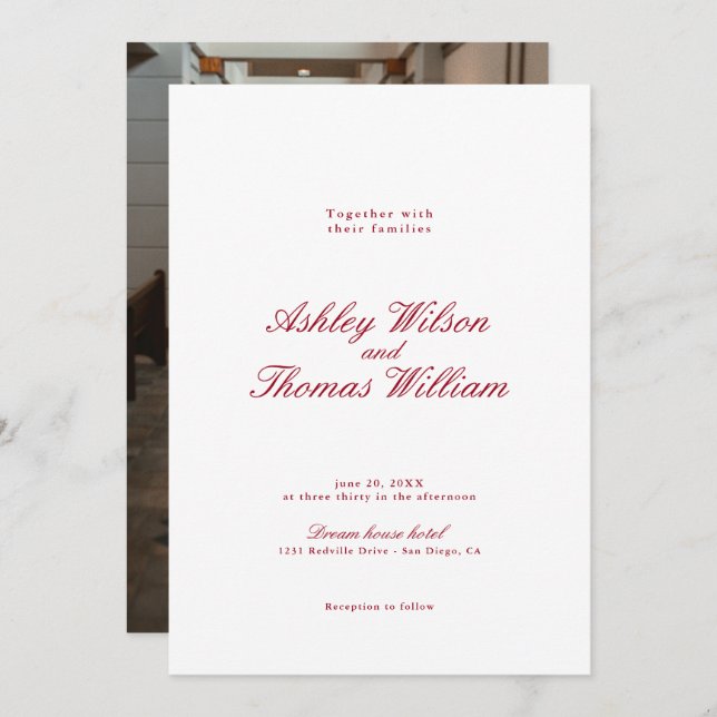 Invitación Boda rojo caligrafía moderna (Anverso / Reverso)