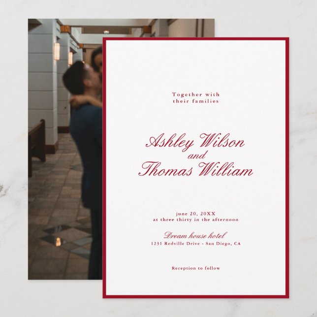 Invitación Boda rojo caligrafía moderna (Anverso / Reverso)