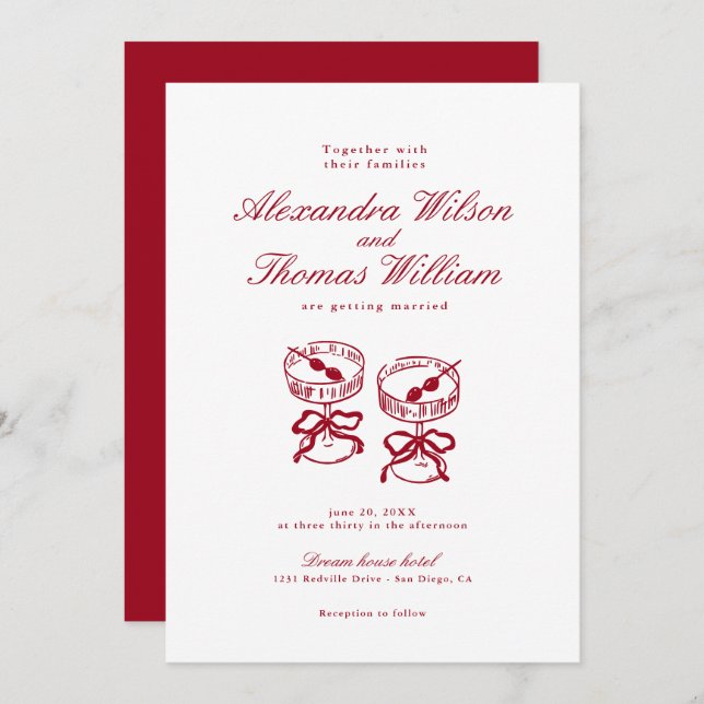 Invitación Boda rojo caligrafía moderna (Anverso / Reverso)