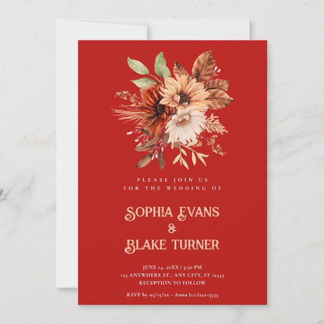 Invitación Boda Rojo Crimson Rústico Floral Botánico de Otoño (Anverso)