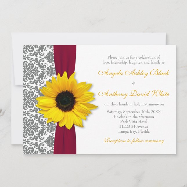 Invitación Boda Rojo de Damasco de Gris Amarillo de Giro (Anverso)
