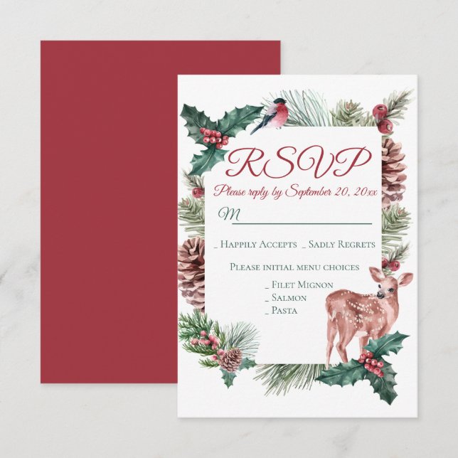 Invitación Boda rojo de Navidades deer floral del invierno RS (Anverso / Reverso)