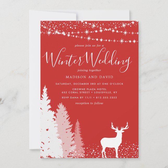 Invitación Boda rojo de Woodland, venado de invierno ruso (Anverso)