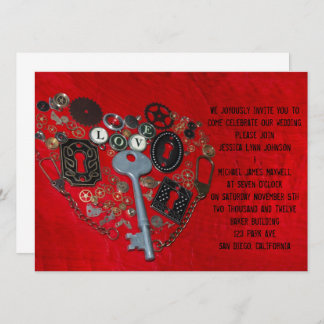 Invitación Boda rojo del corazón de Steampunk