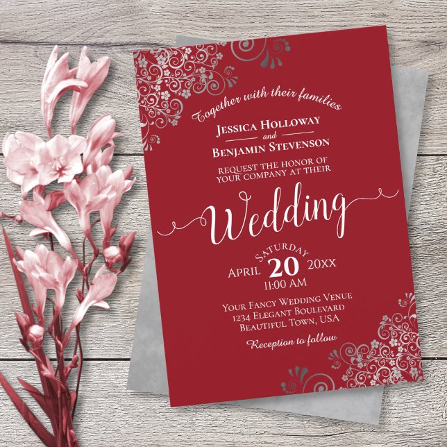 Invitación Boda rojo elegante caligrafía de colores plateados (Subido por el creador)