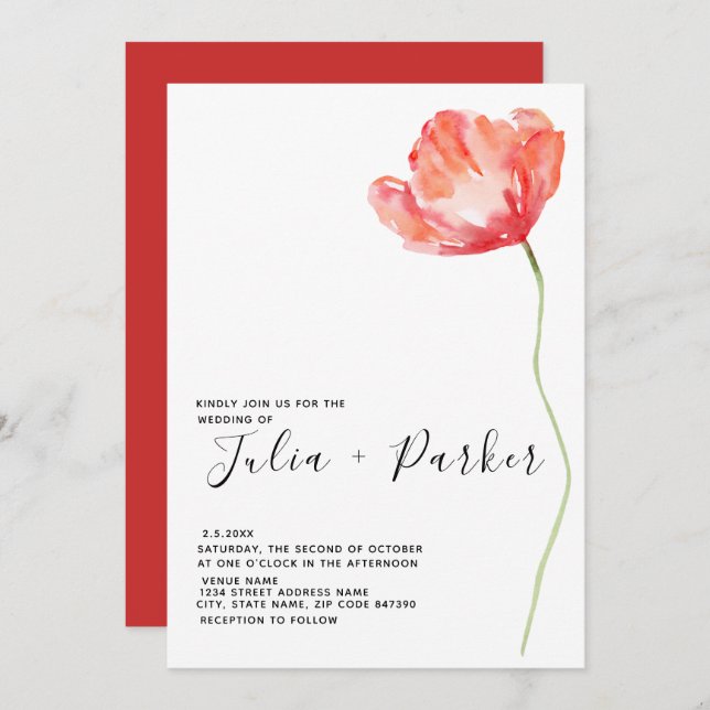 Invitación Boda rojo elegante y moderno (Anverso / Reverso)
