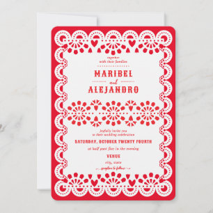 Invitación Boda rojo floral Papel Picado de México