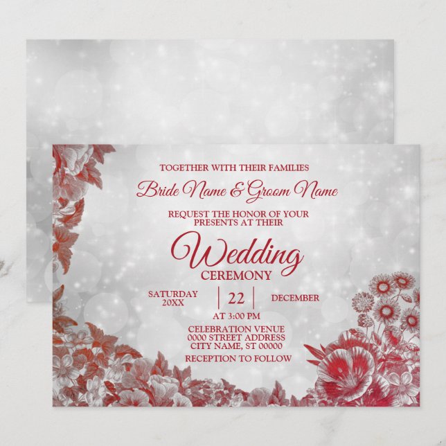 Invitación Boda Rojo Floral Patrón Plateado (Anverso / Reverso)