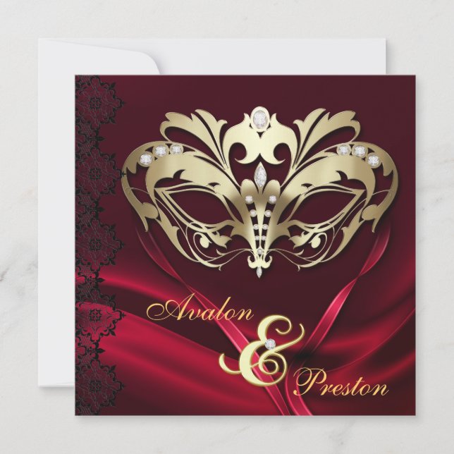 Invitación Boda Rojo Jeweld de la mascarada de oro (Anverso)